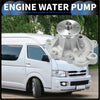 Silver metallic engine water pump with circular top and multiple mounting holes for toyota van 1984-1989