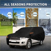 Black waterproof 210D-PU all-seasons car cover with orange stripe for Toyota Sequoia (2001-2023) shown from back side
