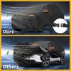 Black waterproof all weather car cover for Toyota bZ4X with orange trim and adjustable strap closure back view