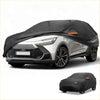 Black waterproof all weather car cover with orange accent stripes designed to fit snugly over toyota c-hr 2017-2023