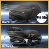 Black waterproof all weather car cover with orange trim and adjustable straps for toyota c-hr 2017-2023 back side