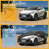 Black waterproof all weather car cover for toyota c-hr with orange zipper pull visible on the back side