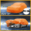 Bright orange waterproof car cover for toyota crown 2020-2023 with black adjustable strap buckle shown from back