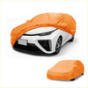Bright orange waterproof all weather car cover made of smooth fabric snugly fits over white toyota prius