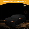 Black reflective waterproof all weather car cover with orange warning strips for toyota sequoia 2018-2023 backside view