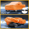 Bright orange durable fabric waterproof all weather car cover with adjustable black strap for toyota tundra back side