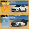 Black waterproof all weather fabric car cover protecting a white toyota venza suv from sun and heat