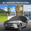 Black all-seasons waterproof aluminum film car cover for Toyota BZ4X with subtle orange side seam accent