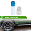 Blue and white wheel lock lug nut with chrome hex top designed as anti-theft key for Toyota vehicles