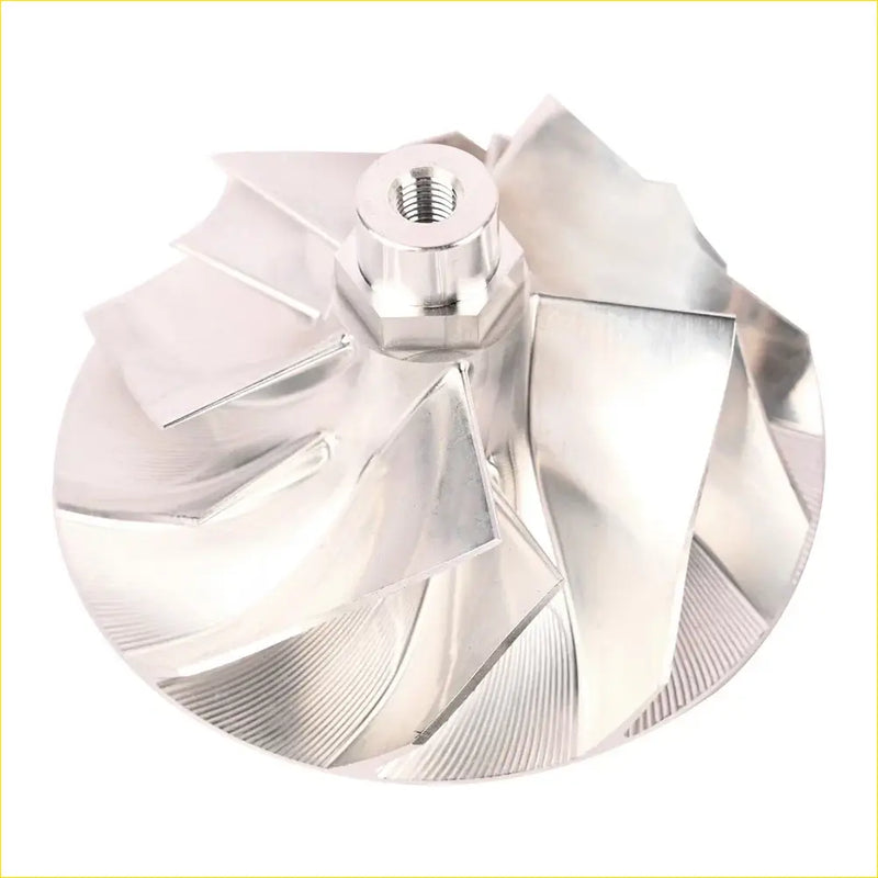 Shiny chrome-finished turbine impeller with threaded hub and angular blades for wicked wheel 2 gtp38 turbo ford f-250