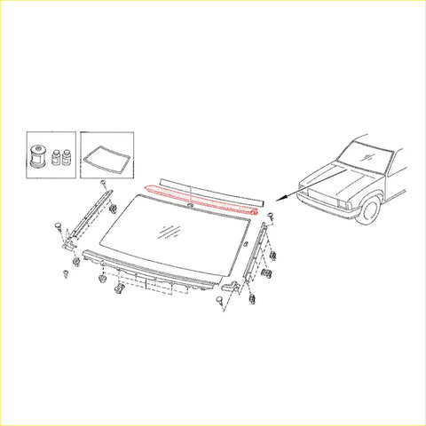 Red horizontal trim piece for windshield moulding upper center used on nissan d21 navara pathfinder front bumper assembly