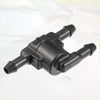 Black plastic automotive fuel filter with three threaded ports shown from the back for toyota 4runner windshield washer nozzle